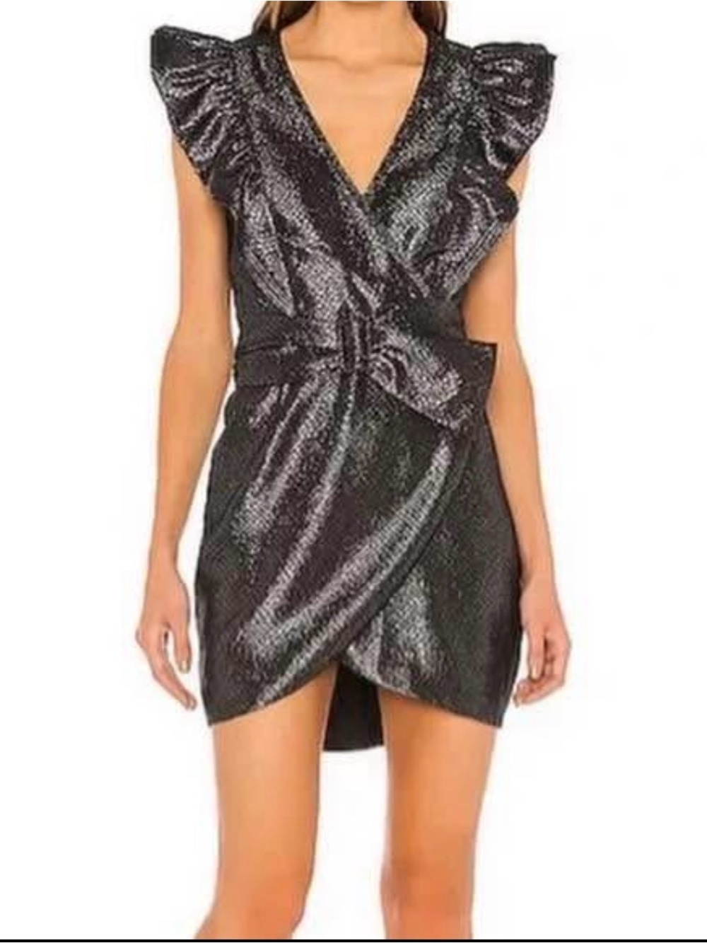 DO+BE Black Shimmer Wrap Mini Dress with Ruffle Shoulders